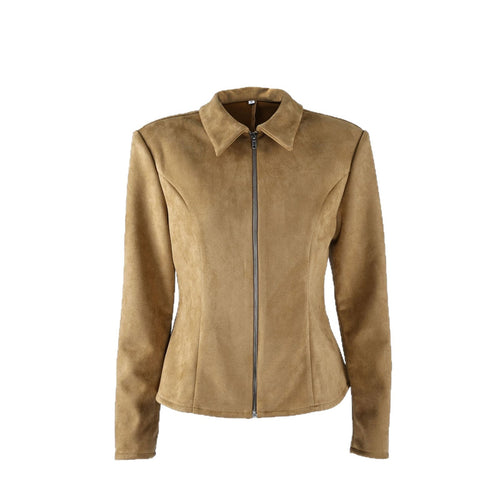 Women's faux suede cinched-waist jacket in khaki