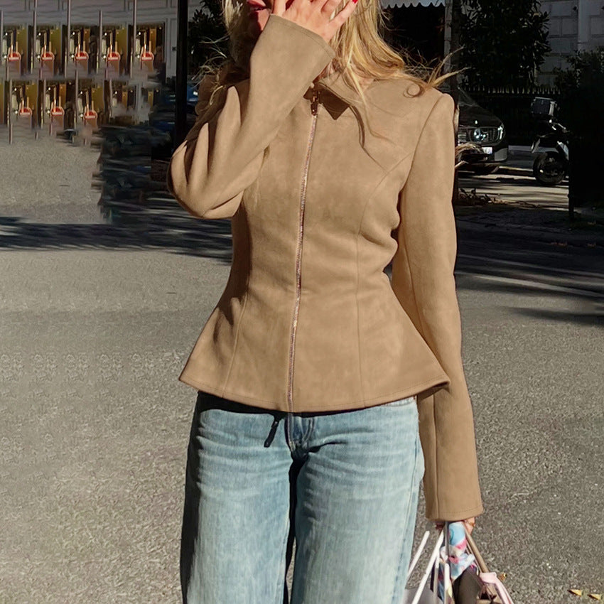 Women's faux suede cinched-waist jacket in khaki