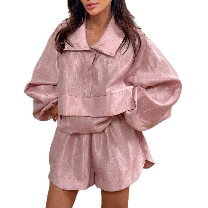 Women's puff-sleeve shirt and wide-leg pants set
