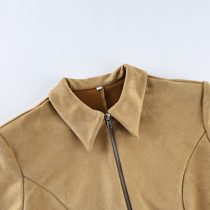 Women's faux suede cinched-waist jacket in khaki